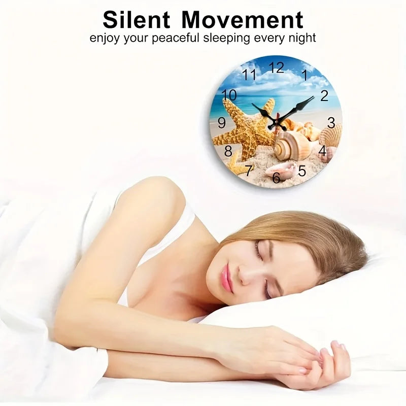 Round Wall Clock/Beach And Shell Theme/Silent Operation Without Ticking/Perfect for Home Decoration During Holidays And As a Gift