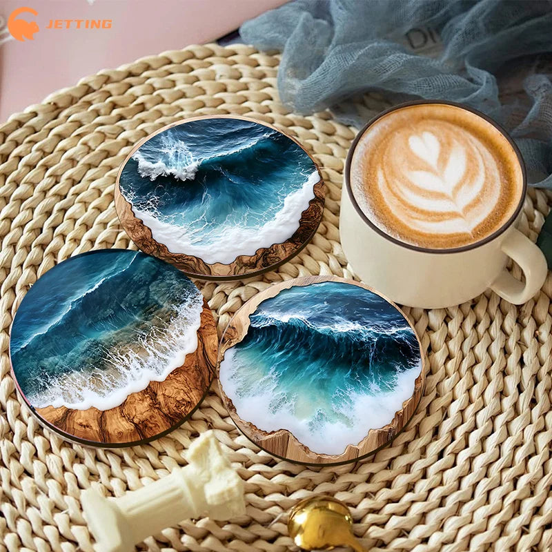 4/6Pcs Blue Ocean Round Wooden Coasters & Placemats Set Home Cafe Party Table Decor Durable Drink Coasters For Stylish Dining