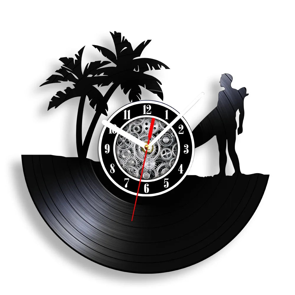 Water Sport Surfing Vinyl Record Wall Clock Sea Wave Coastal Landscape Wall Art Handicraft Carved Music Album Clock Surfer Gifts