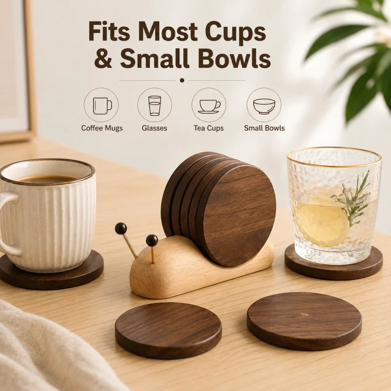 Wooden Coaster Set with Holder Snail Shaped Heat Resistant Drink Coasters for Coffee Tea Mugs Glasses Small Bowls Home Decor