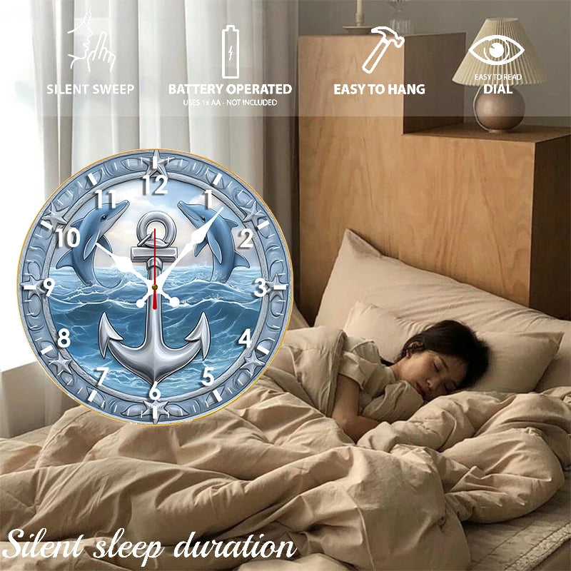 Dolphin Anchor Wooden Round Silent Hanging Wall Clock, Suitable For Living Room, Office, Study Room, Bedroom, Home Decoration