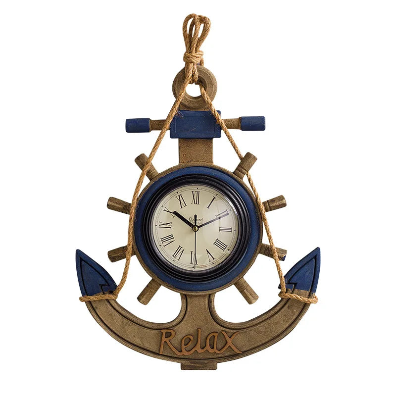Mediterranean Style Wall Clock Retro Fiberboard Silent Anchor Wall Hanging Clock Watch Coffee Bar Home Clock Decoration