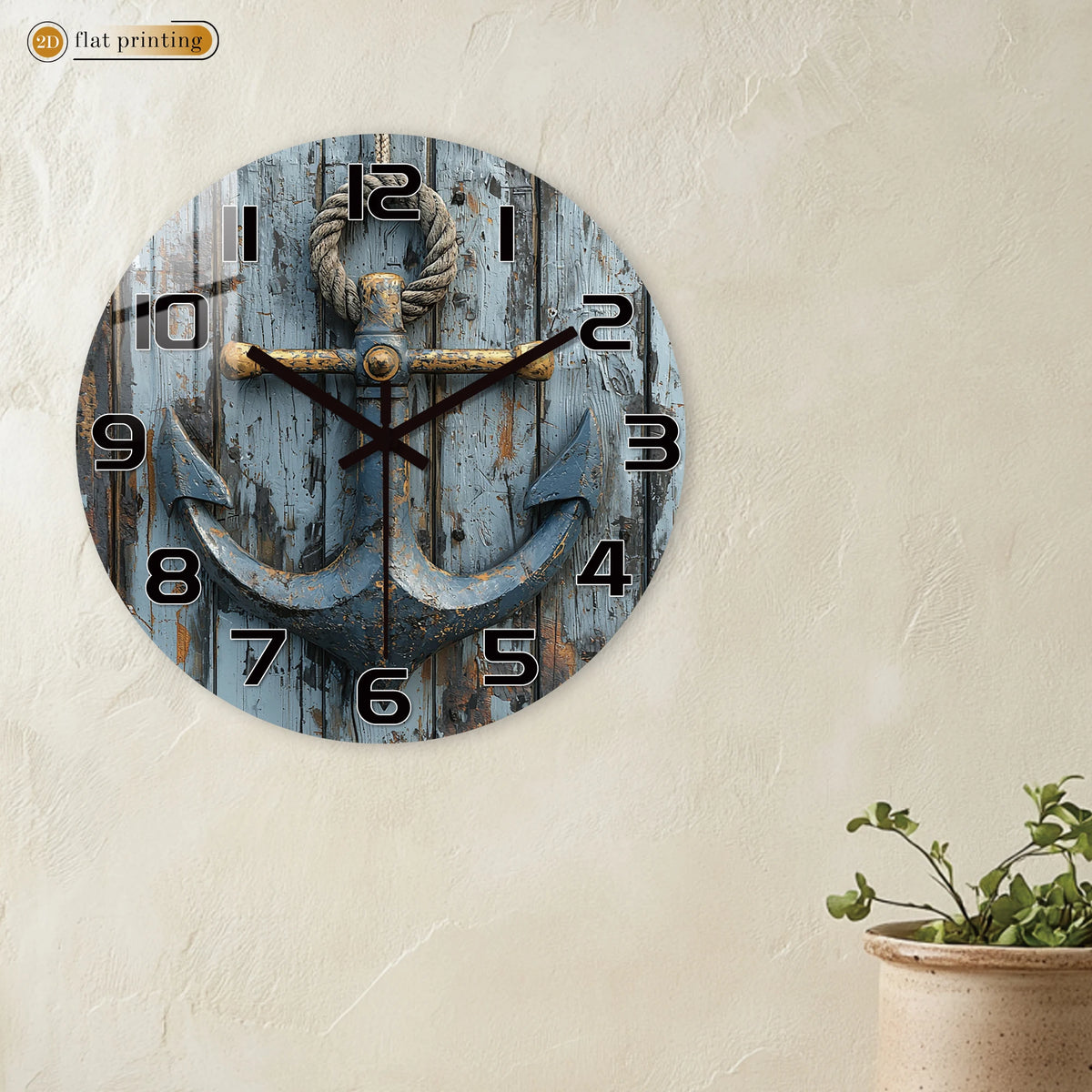 Nautical Anchor Wall Clock, Rustic Wood Texture Decorative Timepiece, Coastal Marine Style Home Office Decor