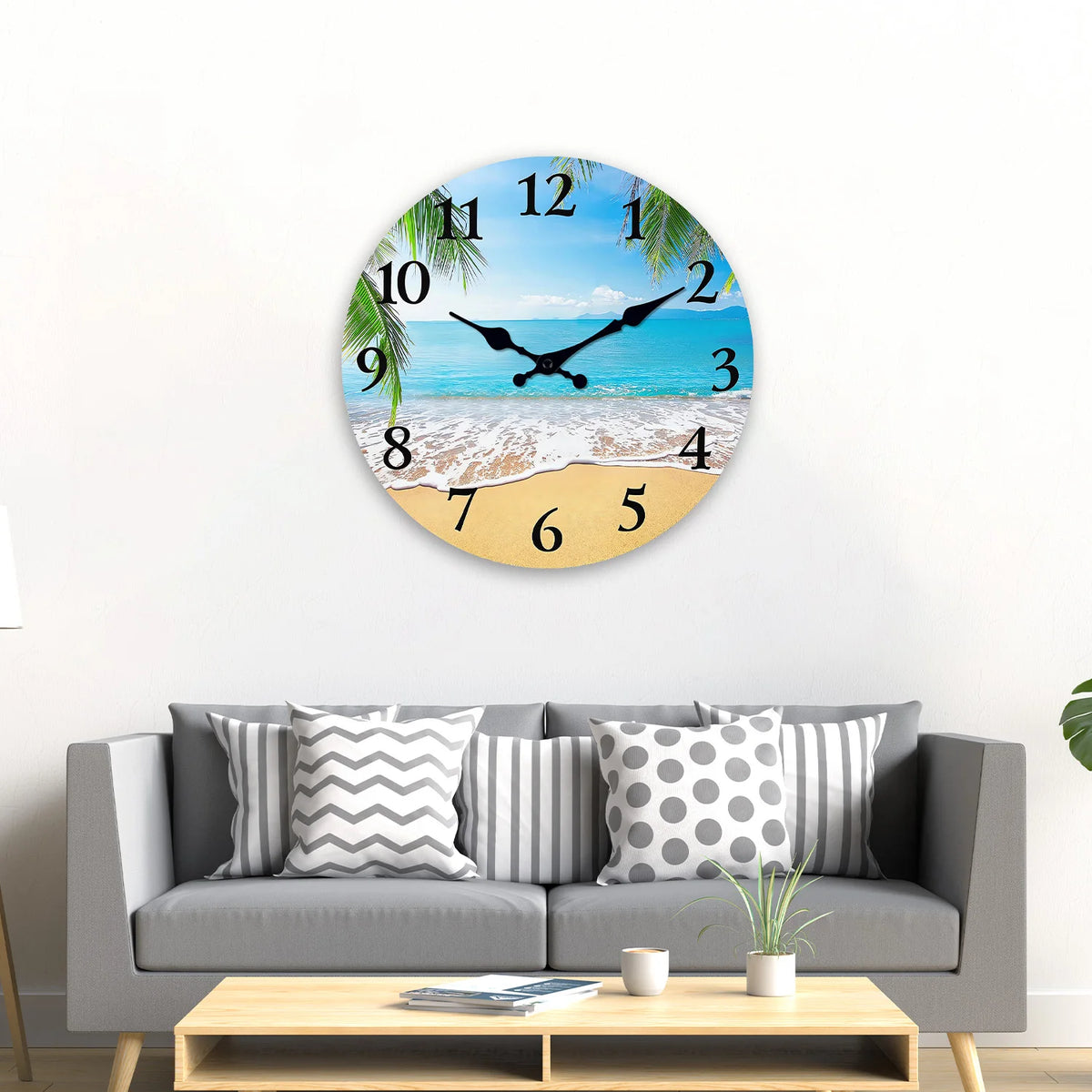 Light Luxury Beach Pattern Wooden Wall Clock for Living Room, Bedroom, Kitchen, Home Decoration, Silent Quartz Clock, Holiday Gift, 10 Inches, 12 Inches (No Battery)
