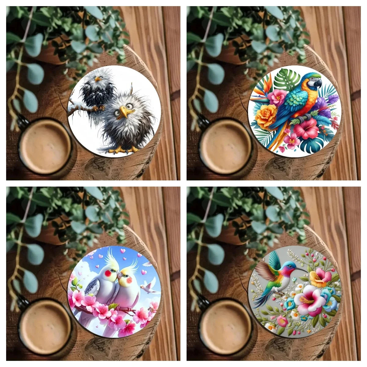 4 Sets of Colorful Bird Pattern Art Coasters, Wooden Anti-Slip Coasters, Suitable for Living Rooms, Offices, Bars, Etc