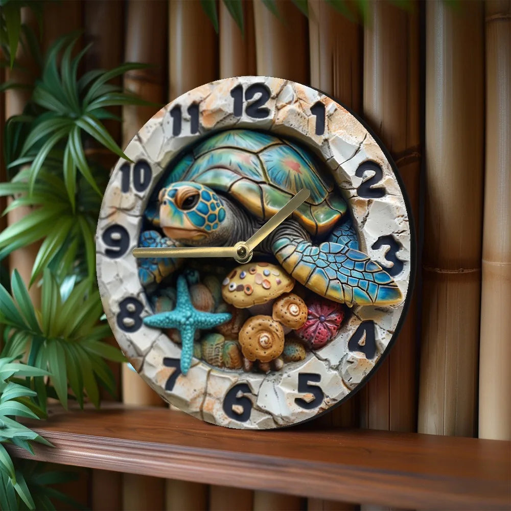 Wooden Wall Clock with a Sea Turtle and Seashells Pattern, Ideal for Coastal or Nautical Themed Rooms, Uses AA Batteries