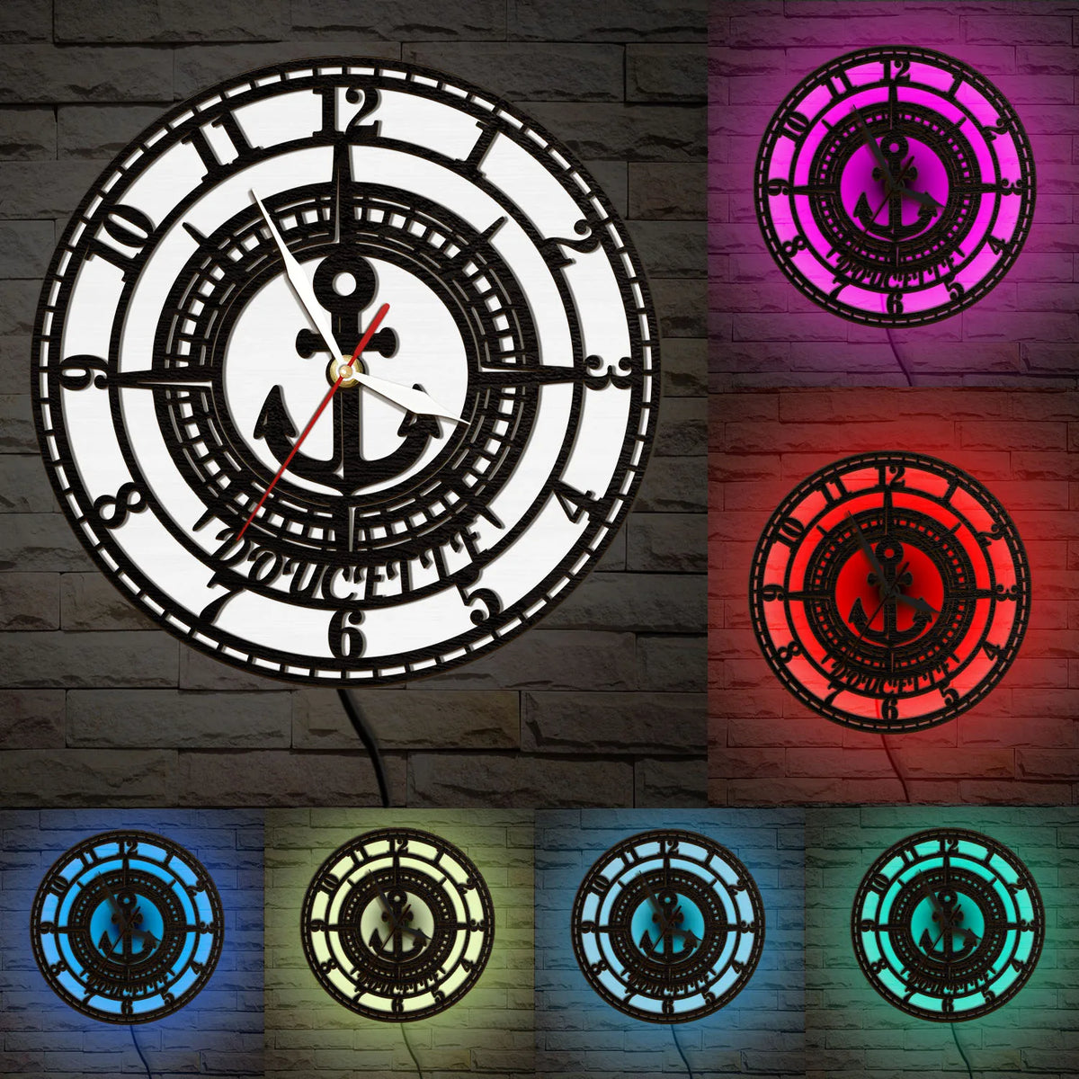 Custom Name Nautical Anchor Compass Wall Clock For Coastal Nautical Home Cabin Color Changing RGB LED Night Light Wall Clock