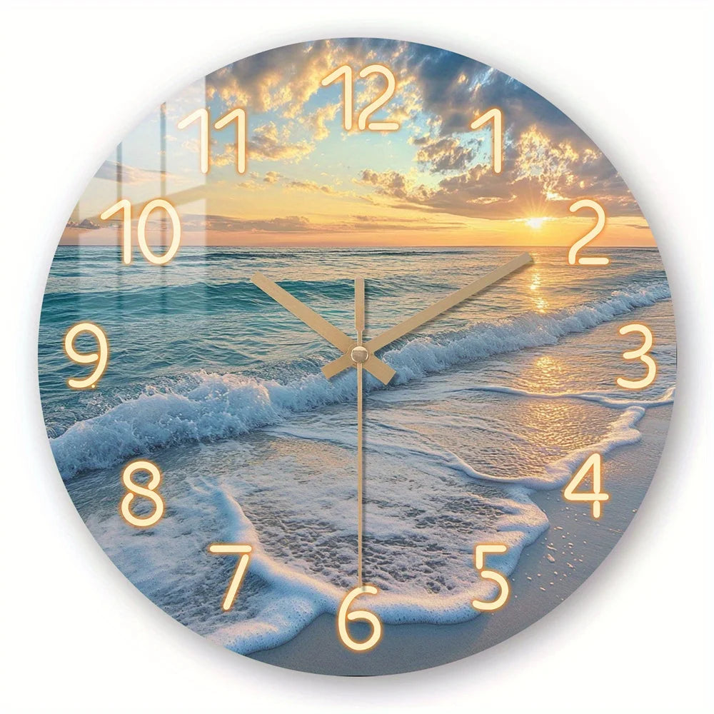 Wall Clock, Nature Theme Beach Sunset Pattern Design, Tempered Film Veneer Silent, Suitable for Living Room Bedroom Beach House Decor, Ideal for Summer Holiday Gifts, Battery Powered (Excluding AA Battery), 1pc