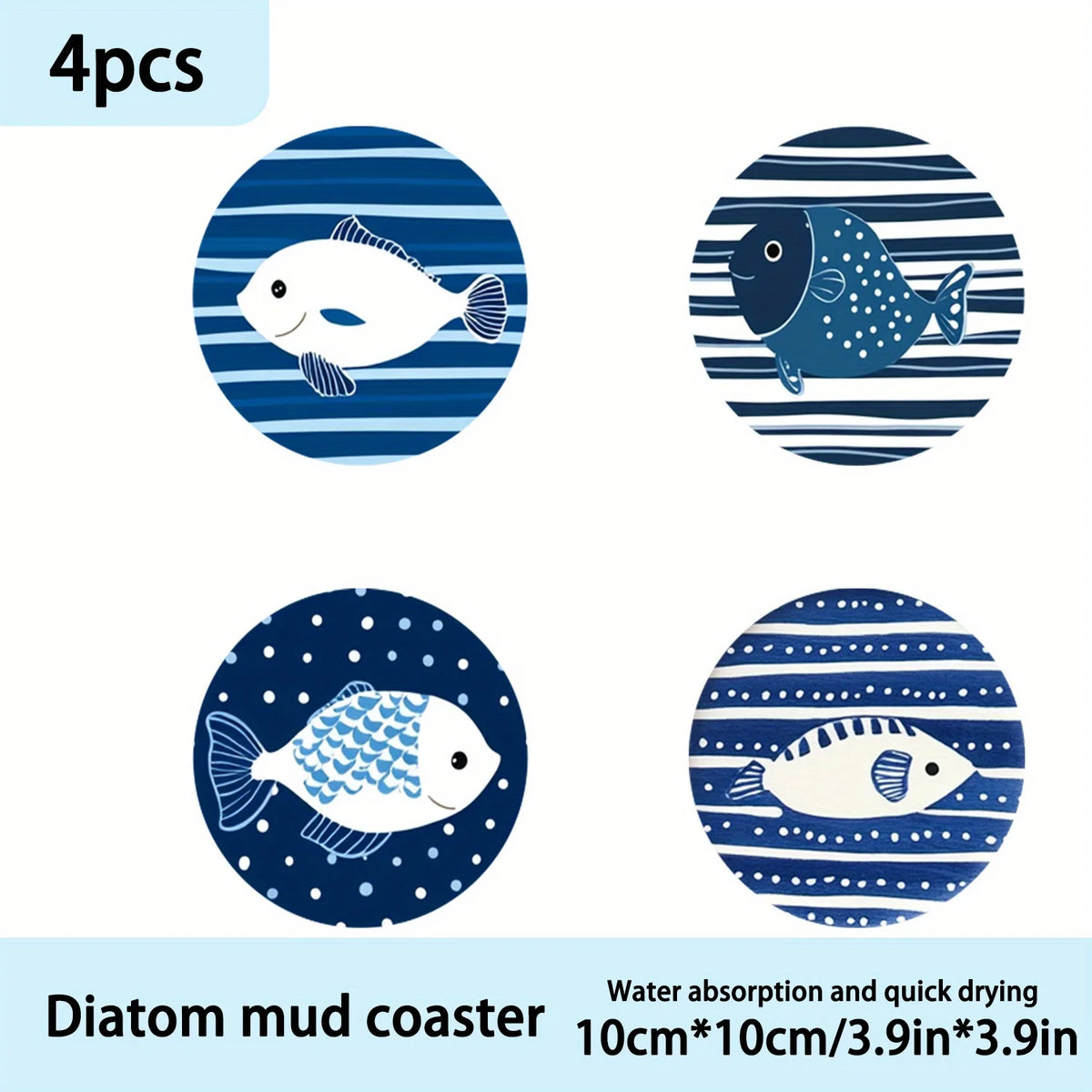Blue Small Fish Ocean Theme 2D Wooden Coasters Heat Insulation Anti-Slip for Desktop Protection Ideal Coffee Shop Office Bar