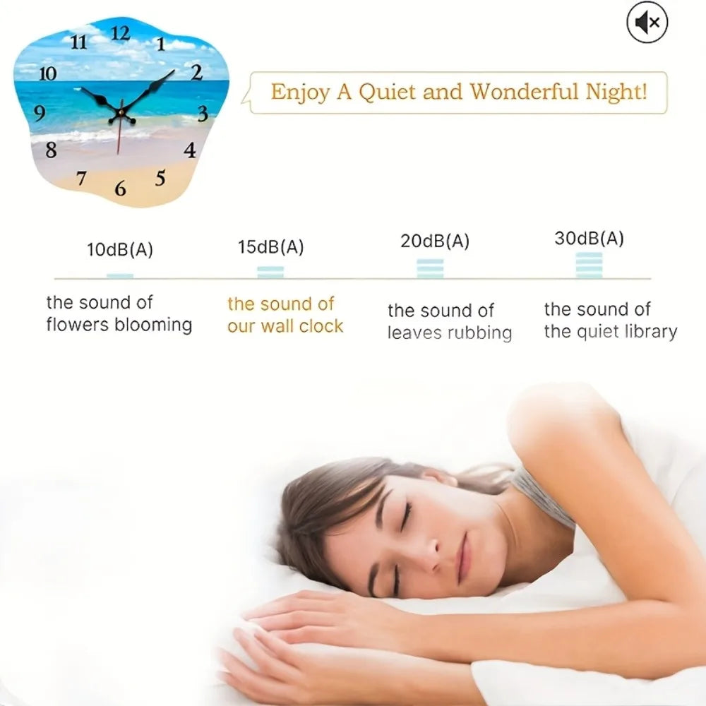 One Pack, Irregular Shaped Silent Wall Clock with Seaside Blue Sky and White Clouds Pattern, Suitable for Home Bedroom Gift Deco