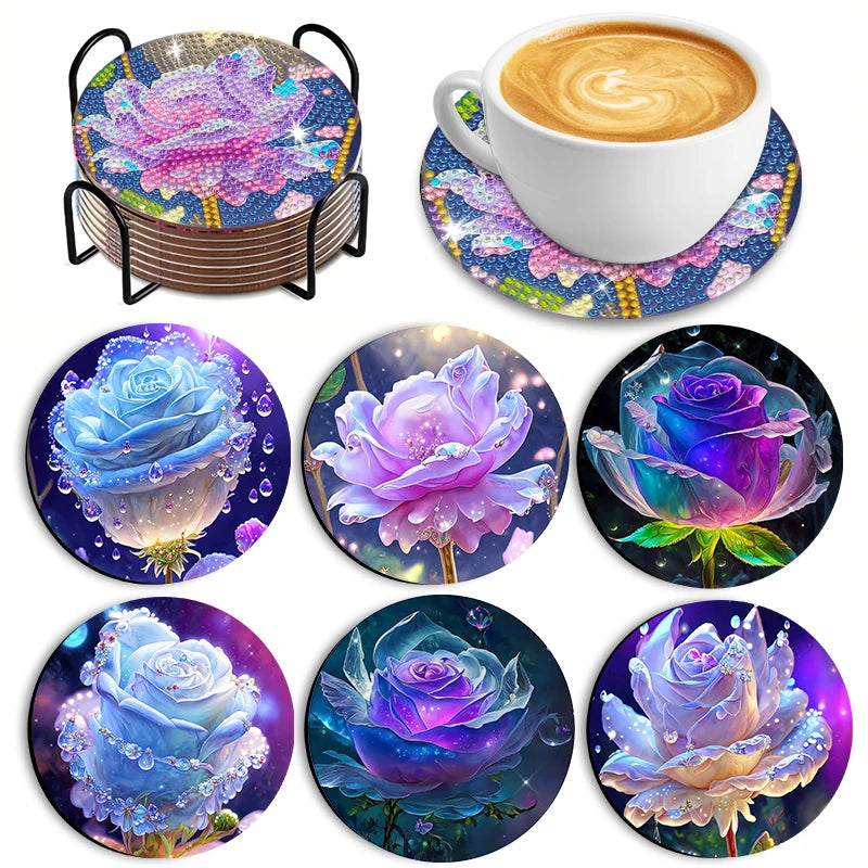 6 Pieces/Set of Flower Patterned Diamond Painted Wooden Coasters, DIY Creative Diamond Painted Coasters, Holiday Gifts