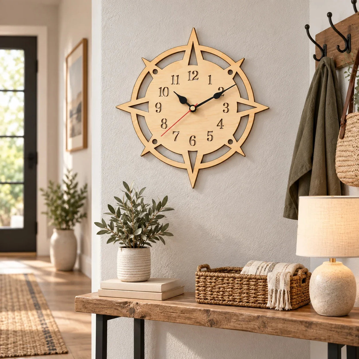 Wooden Compass Wall Clock, Nautical Coastal Home Decor, Laser Cut Wood Clock, Rustic Beach House Clock, Unique Housewarming Gift