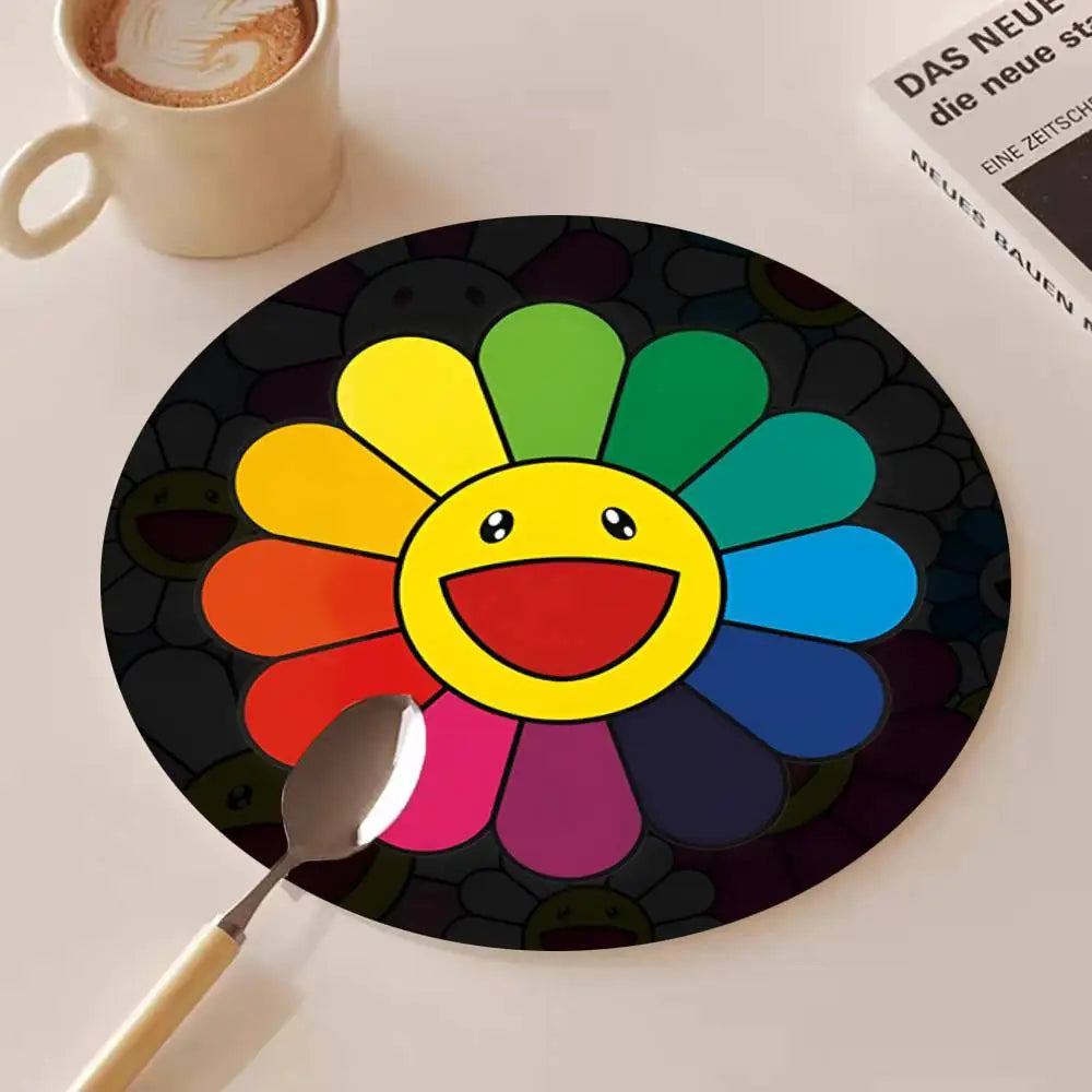 Cute T-Takashi Flowers M-Murakami Round Wooden Coasters Suitable For Restaurants And Coffee Home Gift Choice Holidays