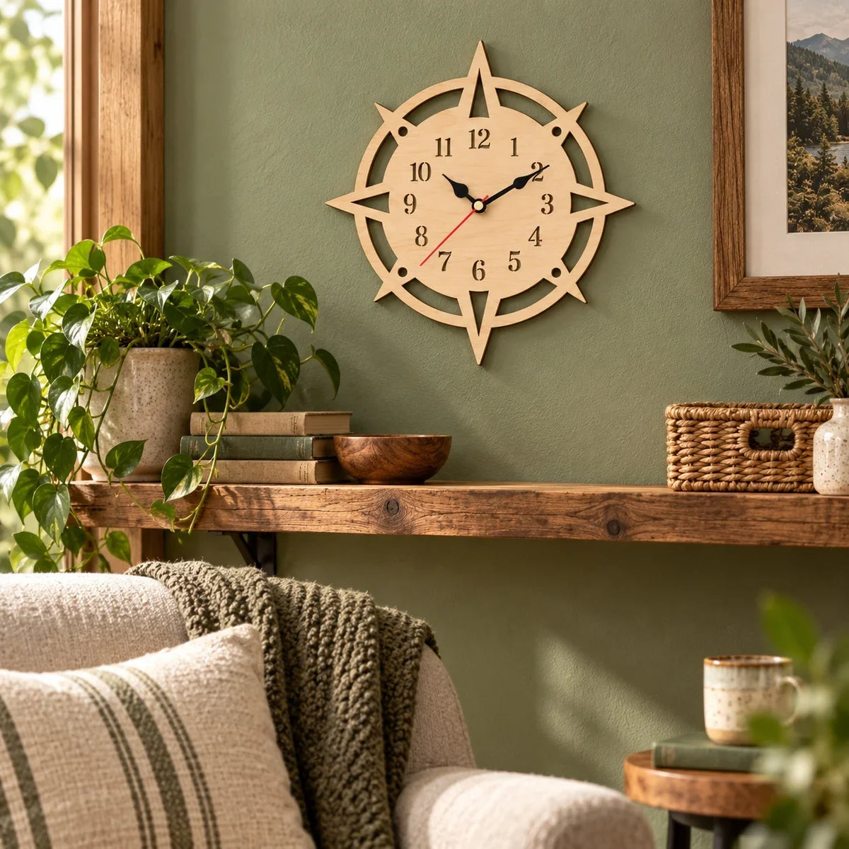Wooden Compass Wall Clock, Nautical Coastal Home Decor, Laser Cut Wood Clock, Rustic Beach House Clock, Unique Housewarming Gift