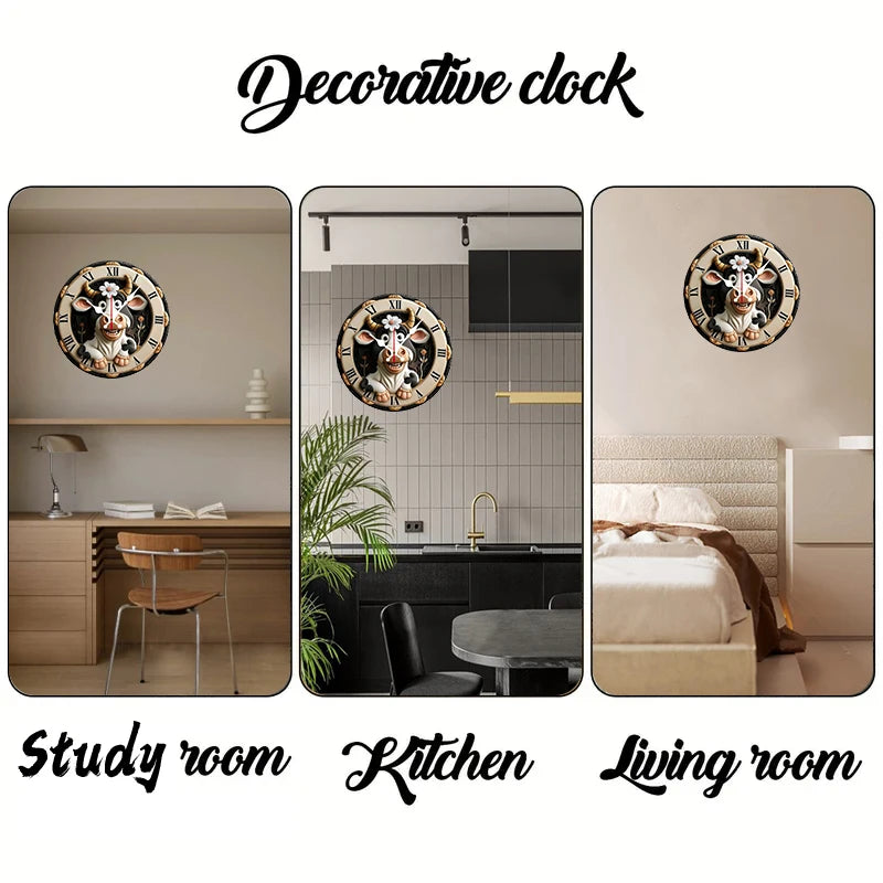 Cow Pattern Wooden Round Silent Hanging Wall Clock, Suitable For Living Room, Office, Study Room, Bedroom, Home Decoration