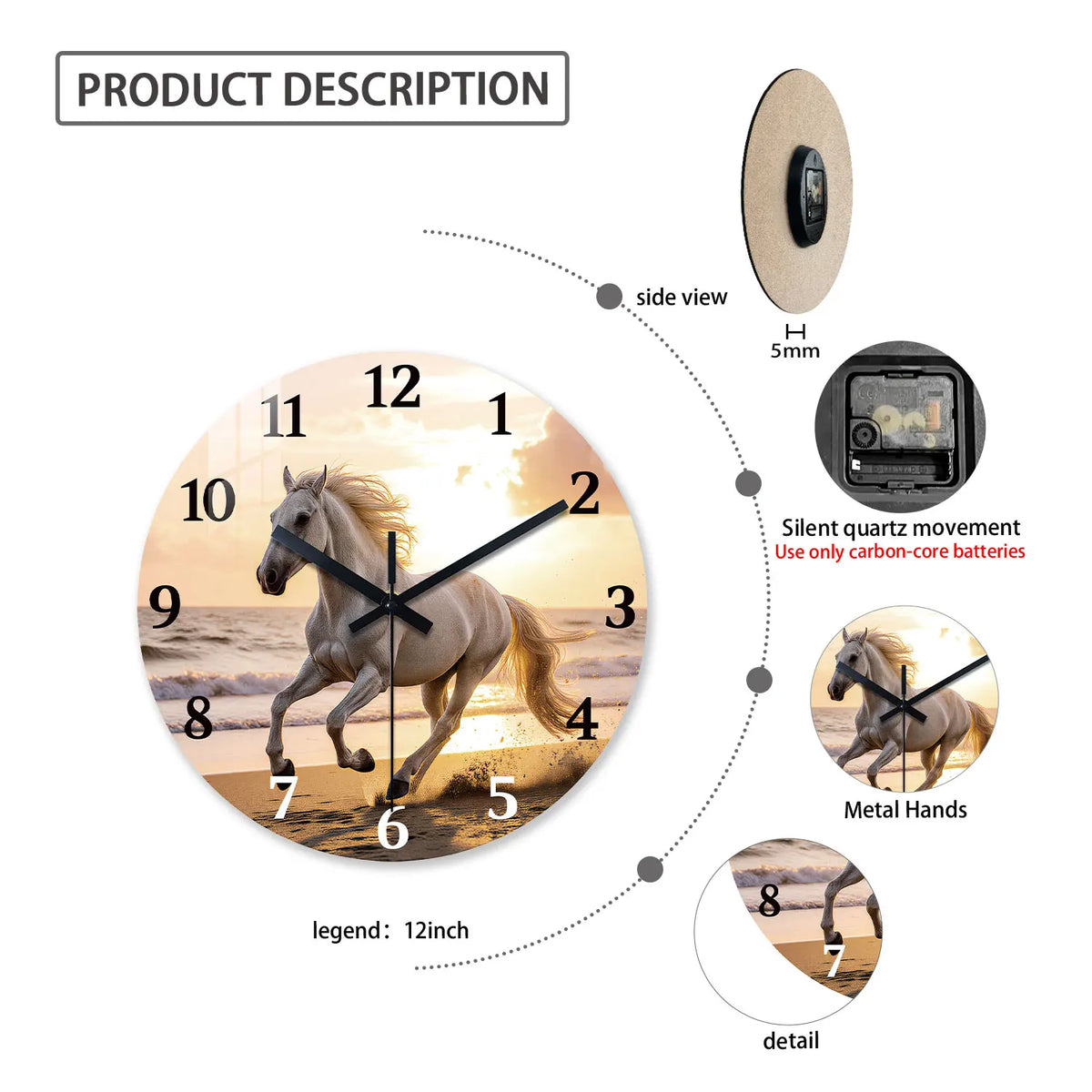 Wooden Wall Clock with Galloping Horse and Sunset Beach Pattern, 10-24inch Silent Wall Clocks, Aa Battery Powered, Suitable for Living Room, Bedroom, Office, (Batteries Not Included), Mother's Day, Easter, April Fool's Day