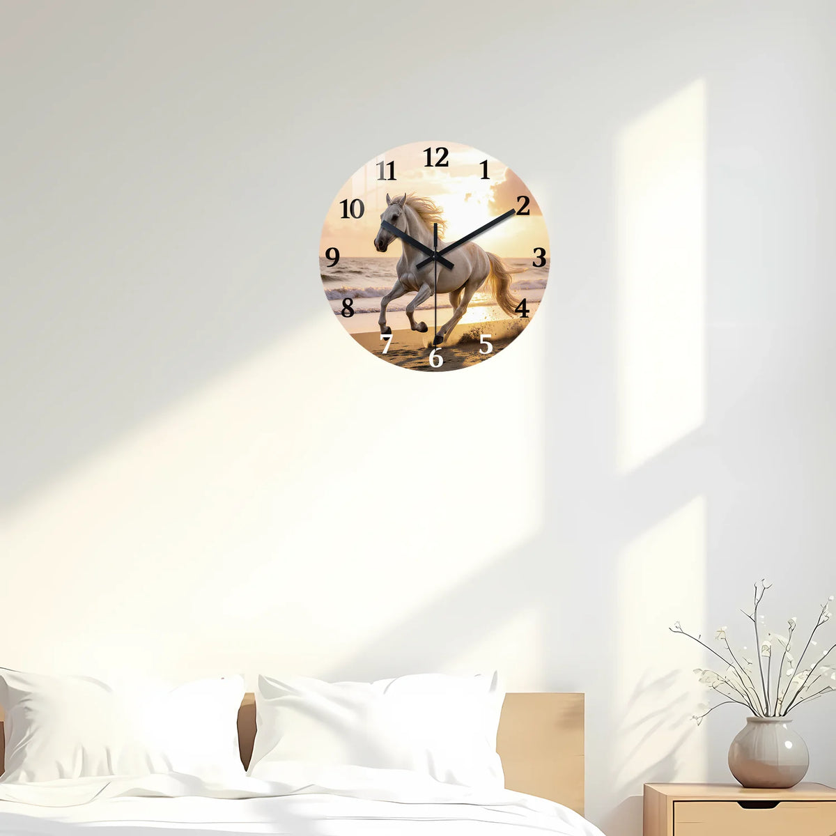 Wooden Wall Clock with Galloping Horse and Sunset Beach Pattern, 10-24inch Silent Wall Clocks, Aa Battery Powered, Suitable for Living Room, Bedroom, Office, (Batteries Not Included), Mother's Day, Easter, April Fool's Day