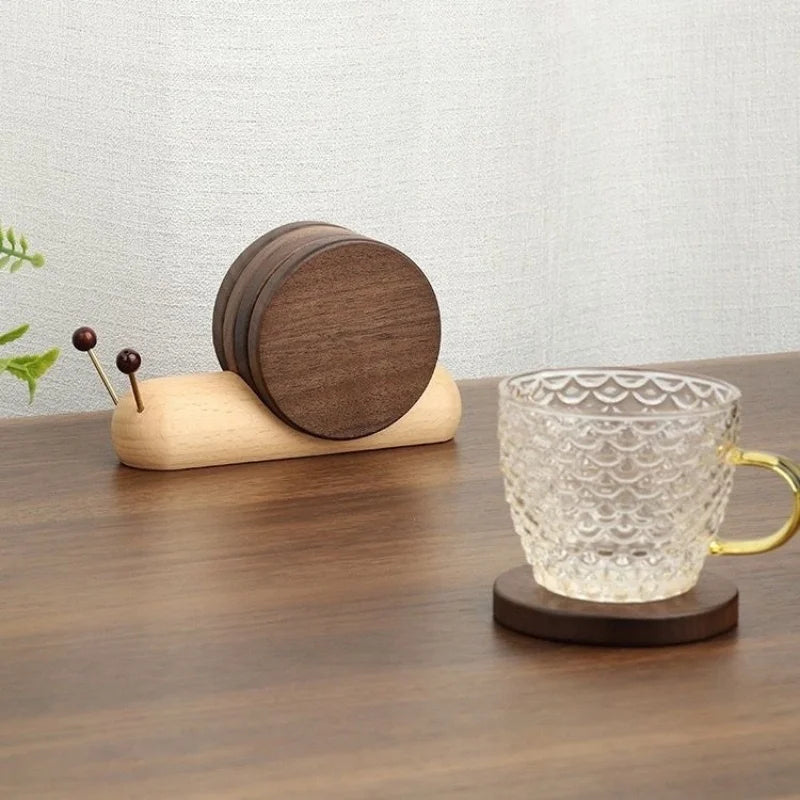Wooden Coaster Set with Holder Snail Shaped Heat Resistant Drink Coasters for Coffee Tea Mugs Glasses Small Bowls Home Decor