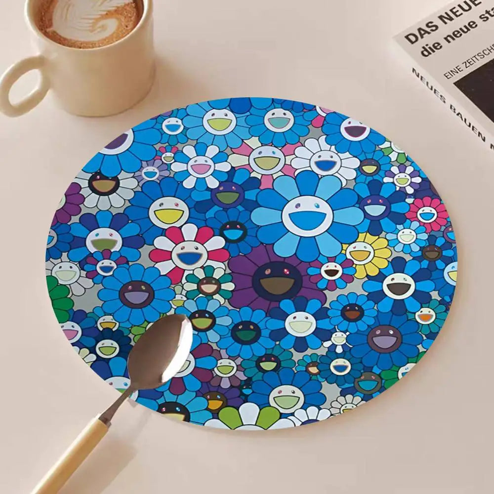 Cute T-Takashi Flowers M-Murakami Round Wooden Coasters Suitable For Restaurants And Coffee Home Gift Choice Holidays