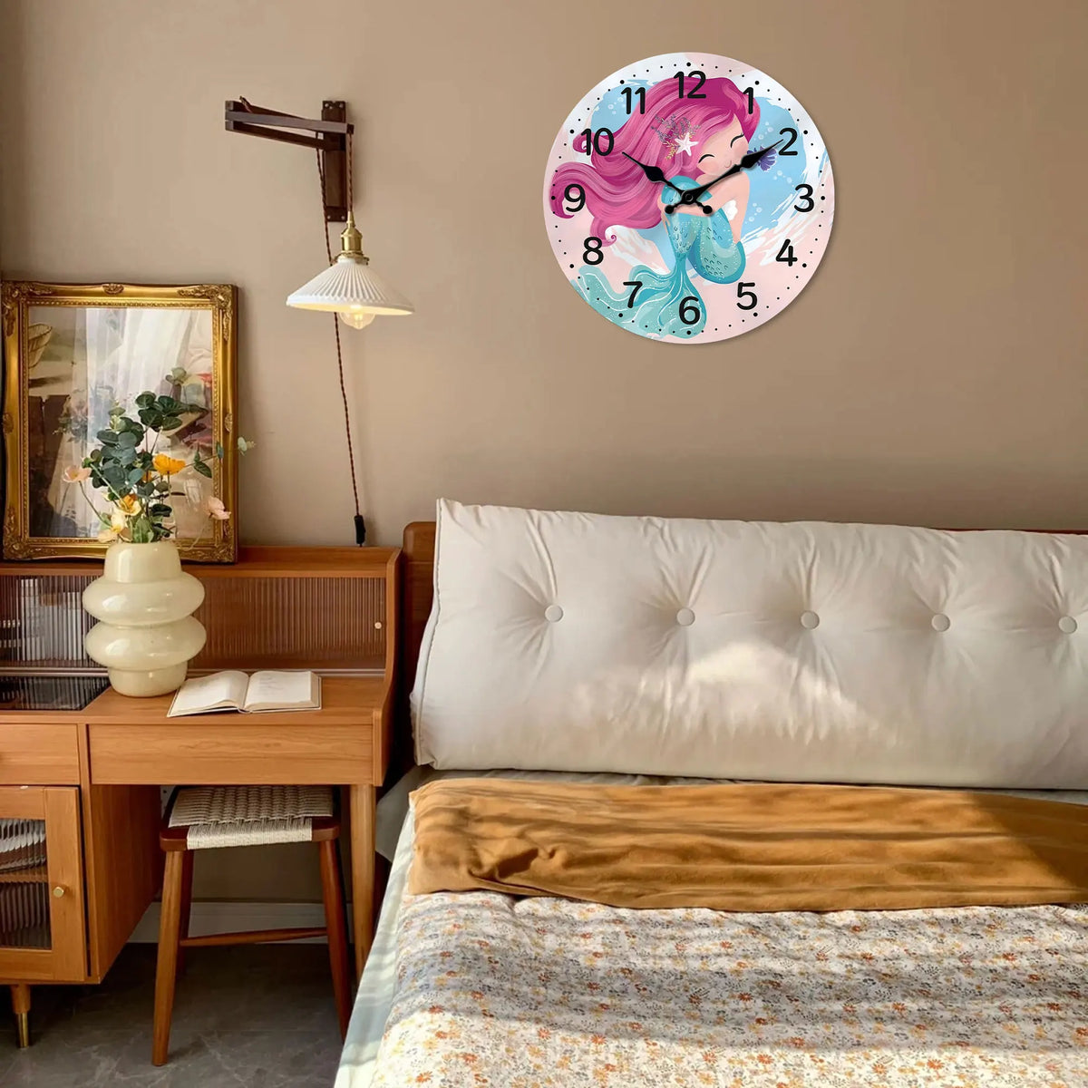 A cute mermaid wooden wall clock, sea, beach theme battery powered silent quartz clock, living room, kitchen, bedroom, bathroom