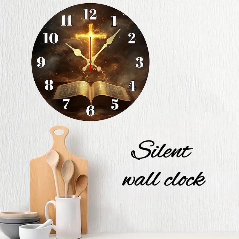 Flame & Open Book Wooden Round Silent Hanging Wall Clock, Suitable For Living Room, Office, Study Room, Bedroom, Home Decoration