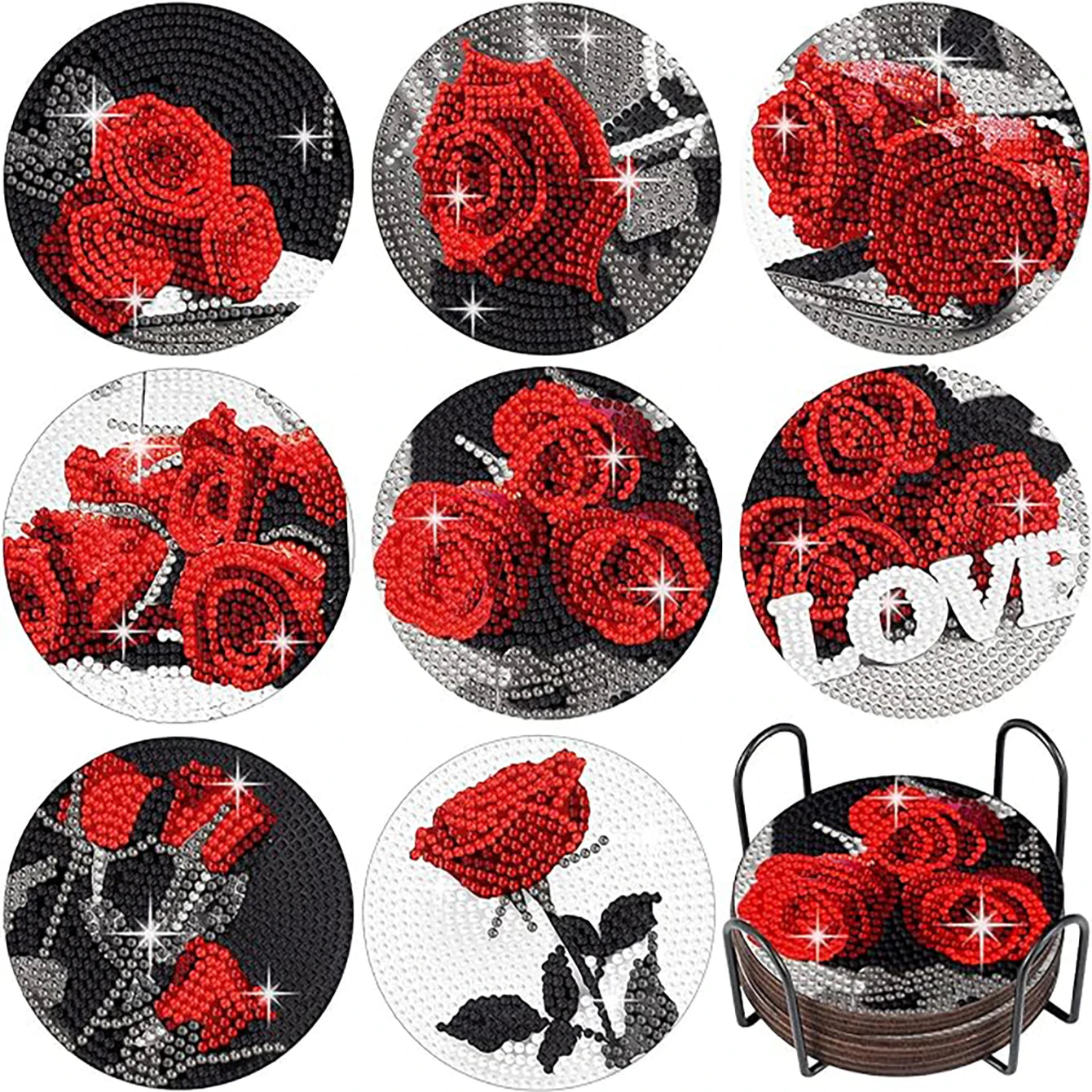 8 Pieces/Set Rose and Diamond Painting Coaster Set, DIY Coaster with Holder, Beginner and Adult Diamond Craft Gift