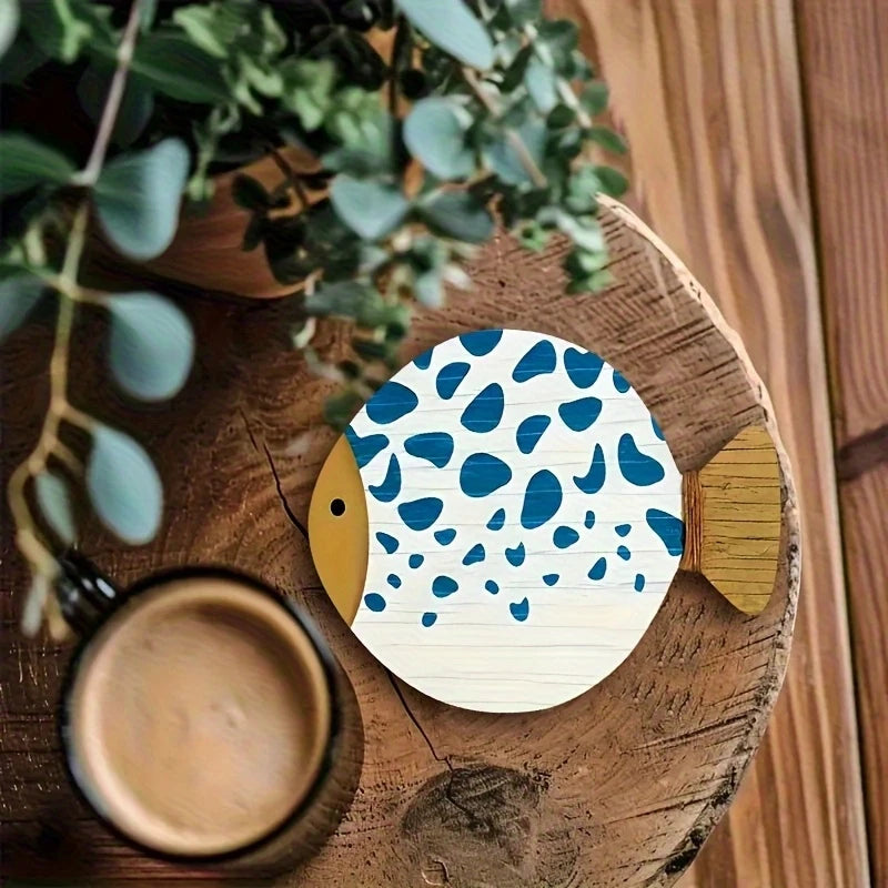 2D Flat 8pcs Whimsical Fish-Shaped Wooden Coasters Vibrant Blue & White Patterns, Heat-Resistant, Perfect for Coffee & Tea Lover
