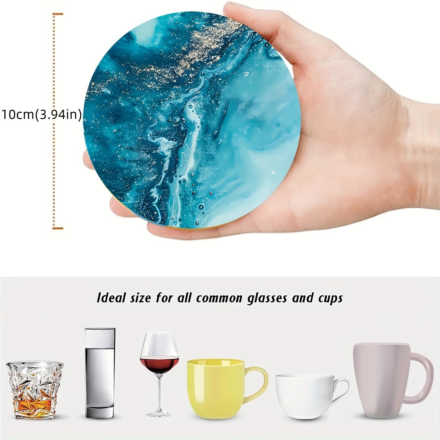 2D Flat 6pcs Blue Ocean Round Wooden Coasters & Placemats Set - Home, Cafe, Party Table Decor, Durable Drink Coasters For Home
