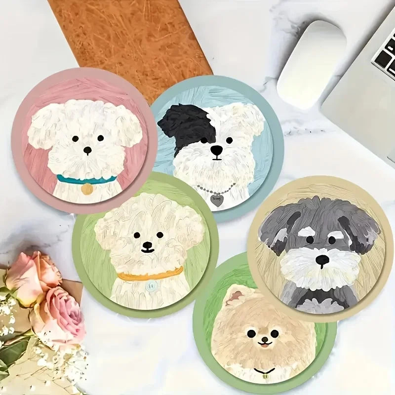 A Set of 6 Adorable Round Wooden Coasters Featuring Cute Puppy Designs, Perfect for Coffee Cups,Water Cups,And Party Decorations