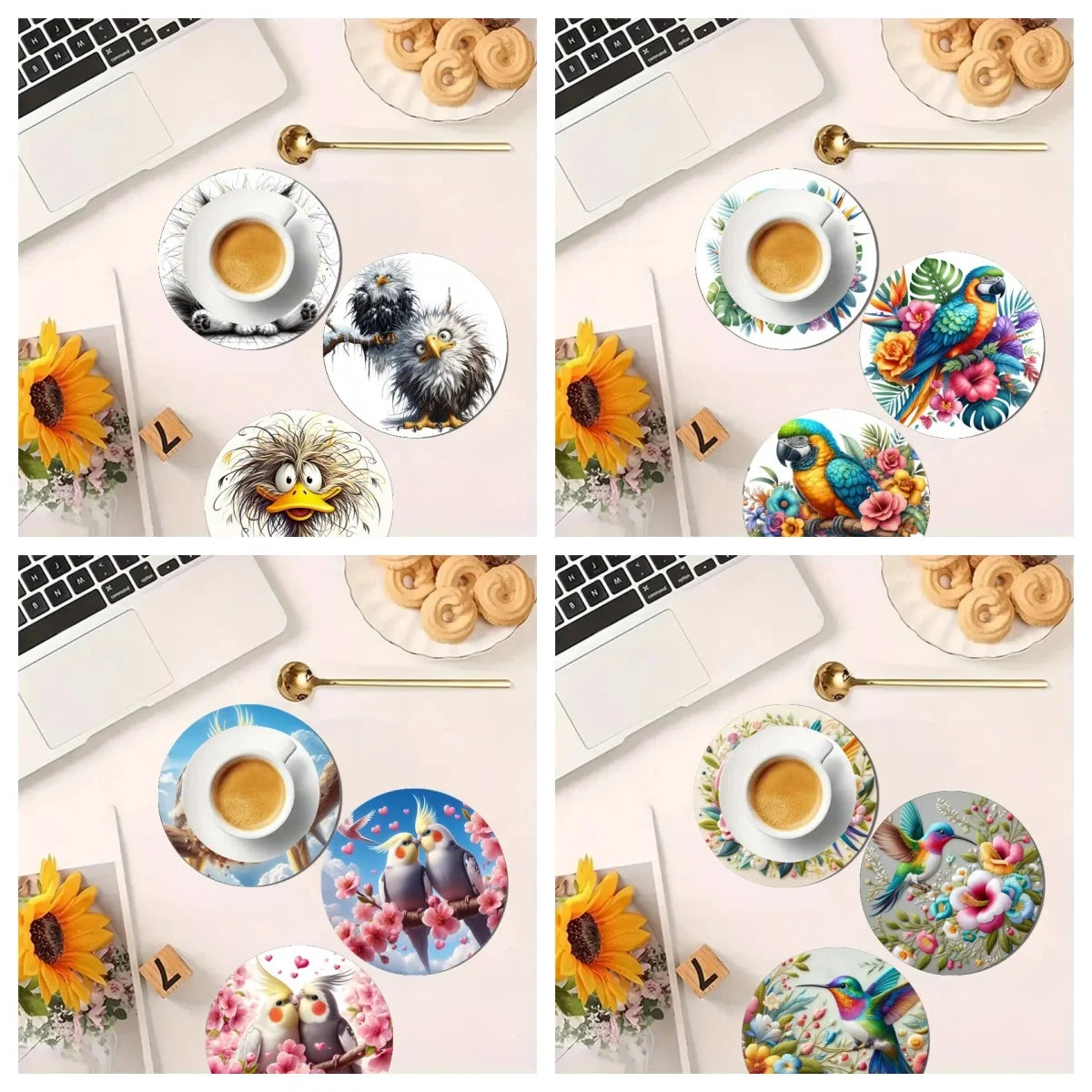 4 Sets of Colorful Bird Pattern Art Coasters, Wooden Anti-Slip Coasters, Suitable for Living Rooms, Offices, Bars, Etc