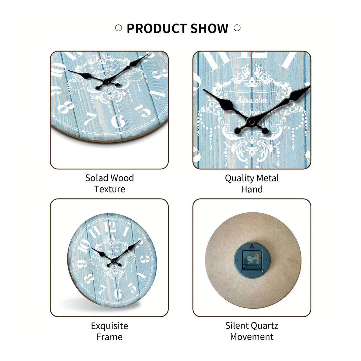 1pc Round wooden wall clock Marine decoration, retro blue wood texture design wall clock, silent clock, Beach outdoor wall clock