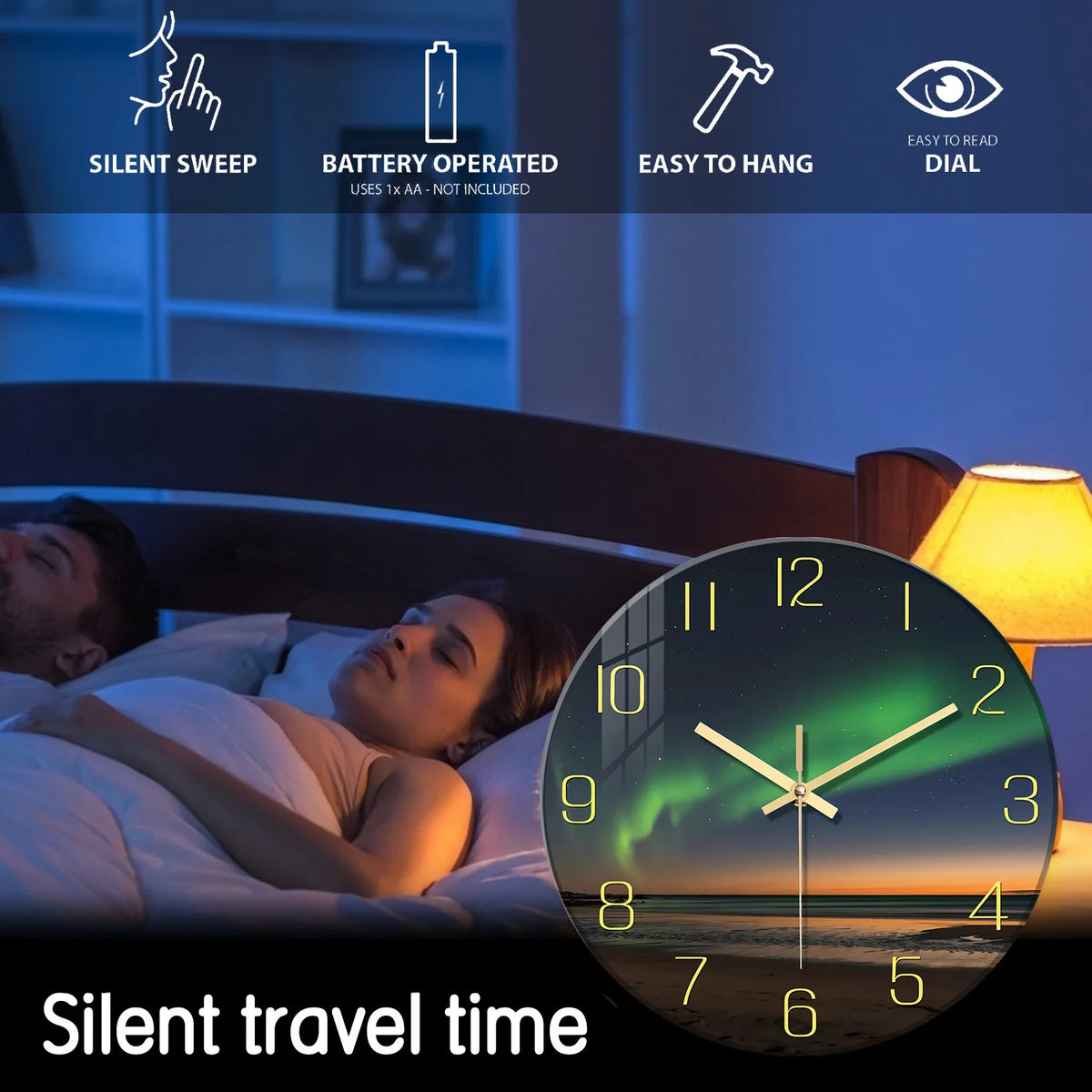 1pc Glass Wall Clock, Beach Aurora Design Wall Clock, Silent Clock, Home Decoration, Living Room Bedroom Room Decoration