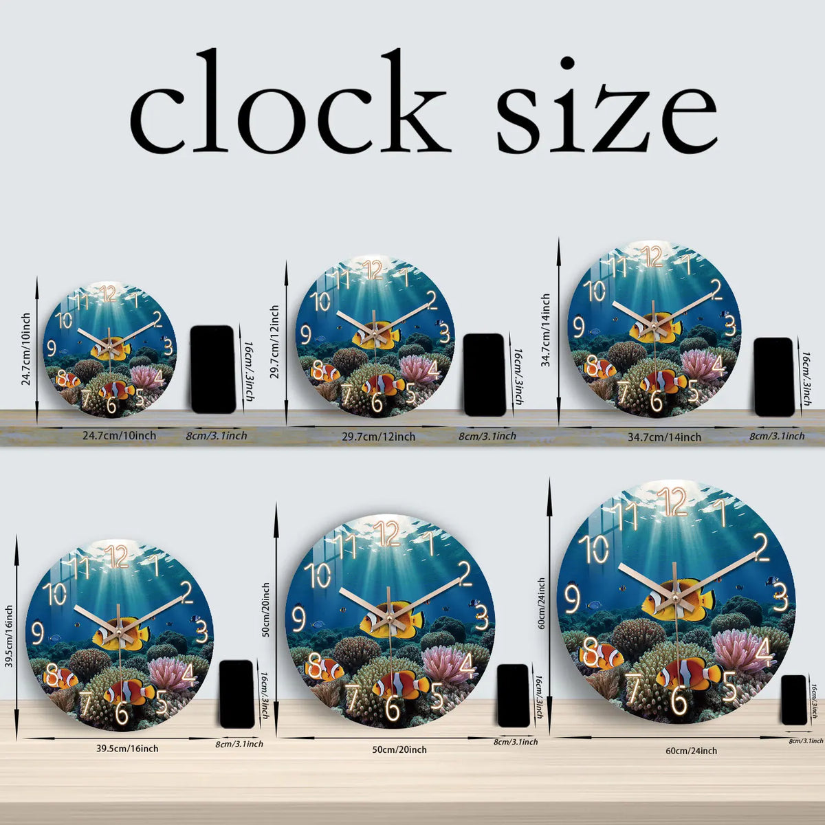 Ocean Eco Clownfish Coral Pattern Wooden Wall Clock, 10-24inch Silent Wall Clocks, Aa Battery Powered, Suitable for Living Room, Bedroom, Office, (Batteries Not Included), Mother's Day, Easter, April Fool's Day