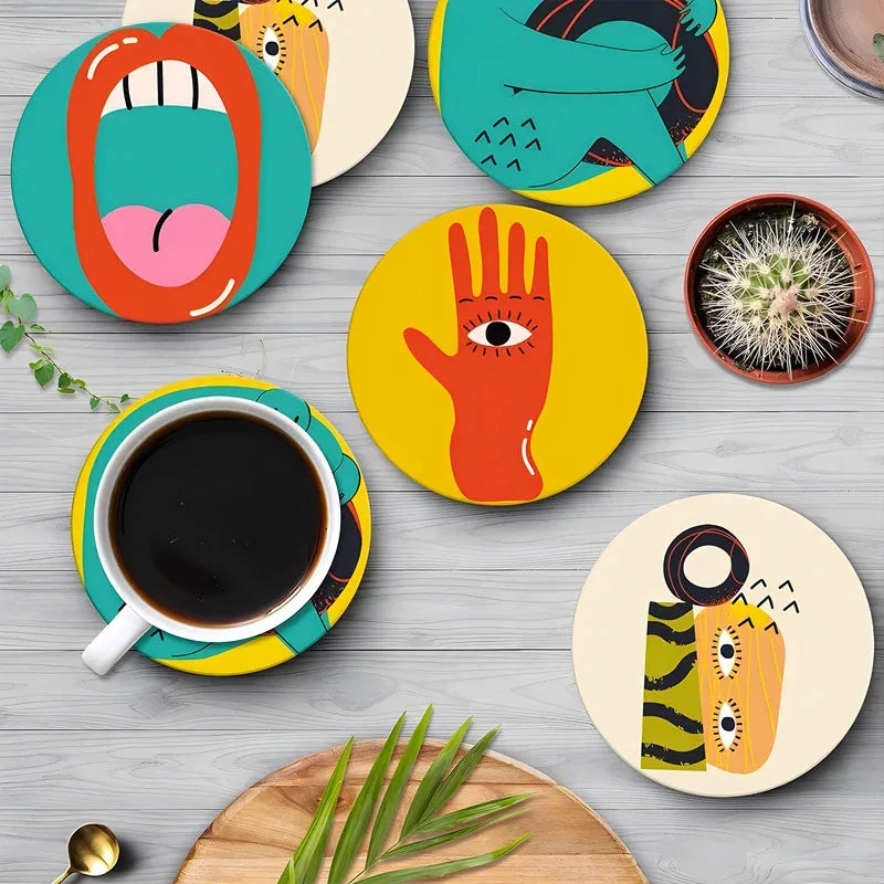 6Pcs Cup Mat Coaster Picasso Style Wood Cup Drink Mat Plate Coasters for Mugs and Cups Rug Pad