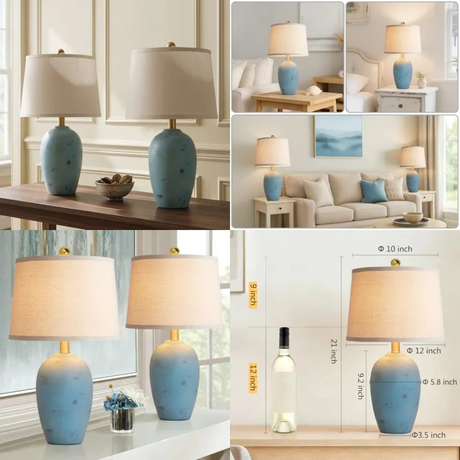 21'' Set of 2 Coastal Small Ceramic Lamps for Bedroom, Traditional Nightstand Bedside Desk Table Lamp for Living Room Office Do