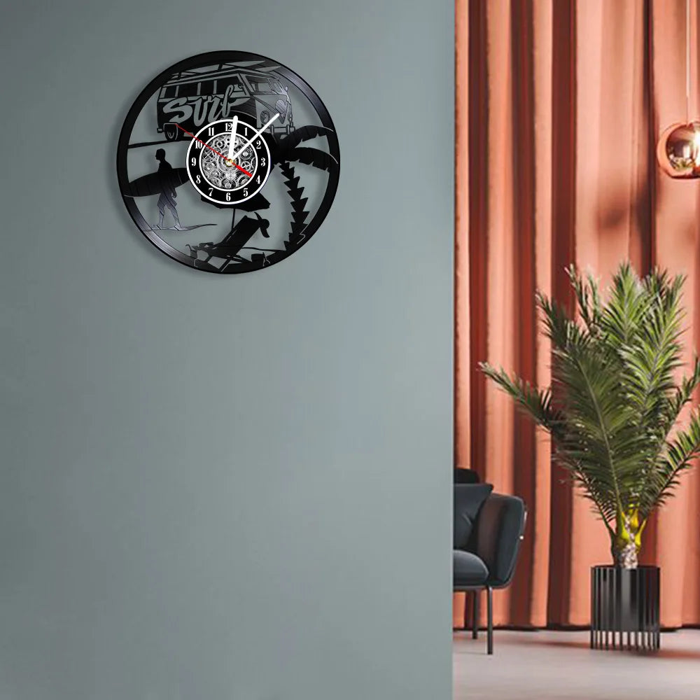 Water Sport Surfing Vinyl Record Wall Clock Sea Wave Coastal Landscape Wall Art Handicraft Carved Music Album Clock Surfer Gifts