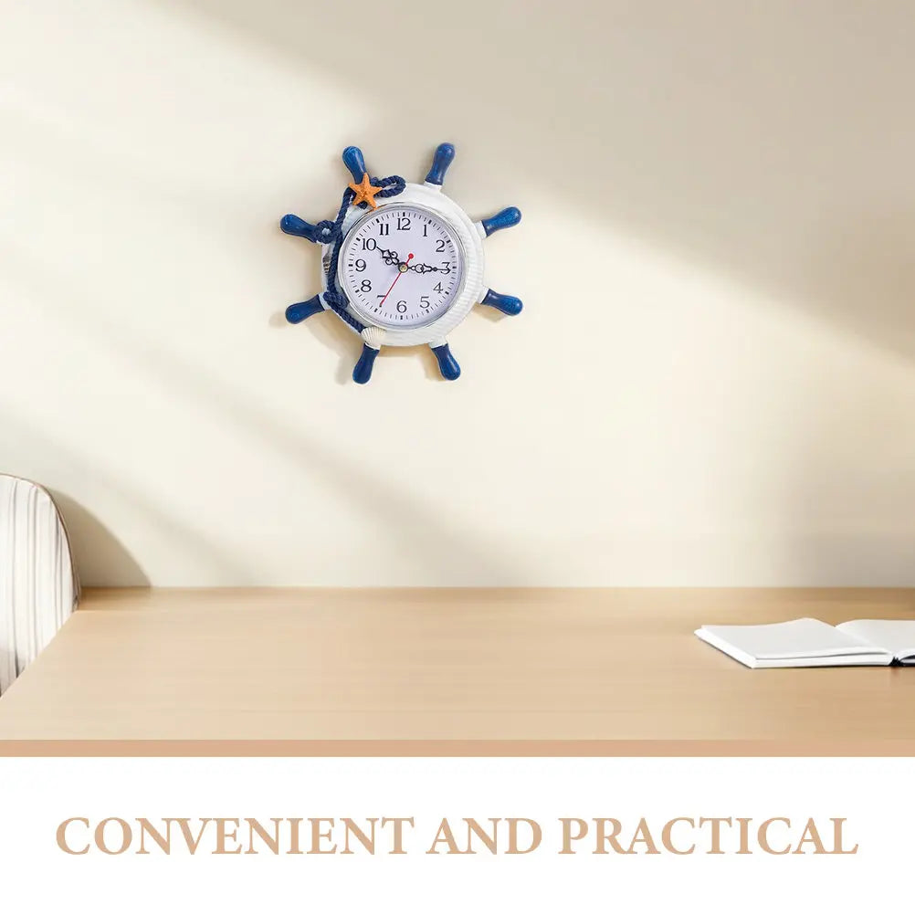 1Pcs Wall Clock Wooden Mediterranean Style Large Number Blue Sea Star Decoration Home Office Bedroom Living Room