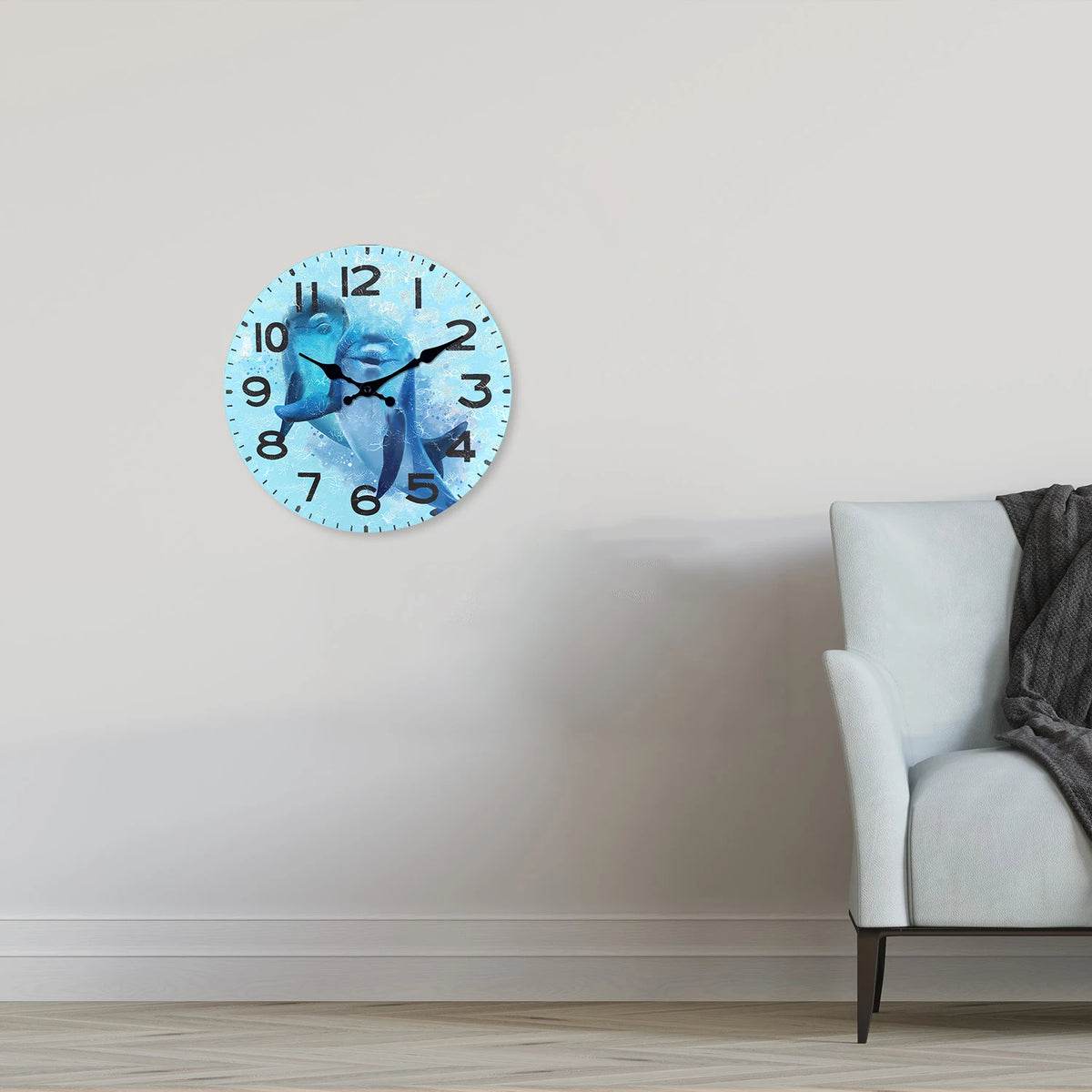 Personalized Blue Dolphin Pattern Wooden Wall Clock for Living Room, Bedroom, Kitchen, Home Decoration, Silent Quartz Clock, Holiday Gift, 10 Inches, 12 Inches 14inch 16inch (No Battery)