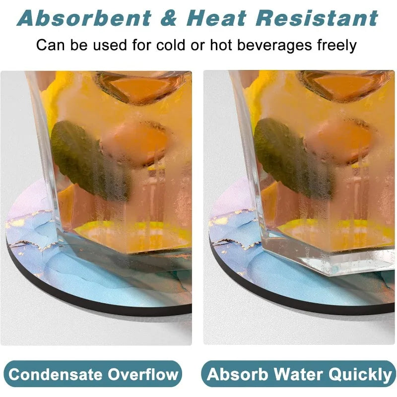 6Pcs 4 Inch Marble Veining Wooden Drink Coasters Set Round Absorbent Coasters Funny Coasters for Cold Drinks Wine Mugs Cups