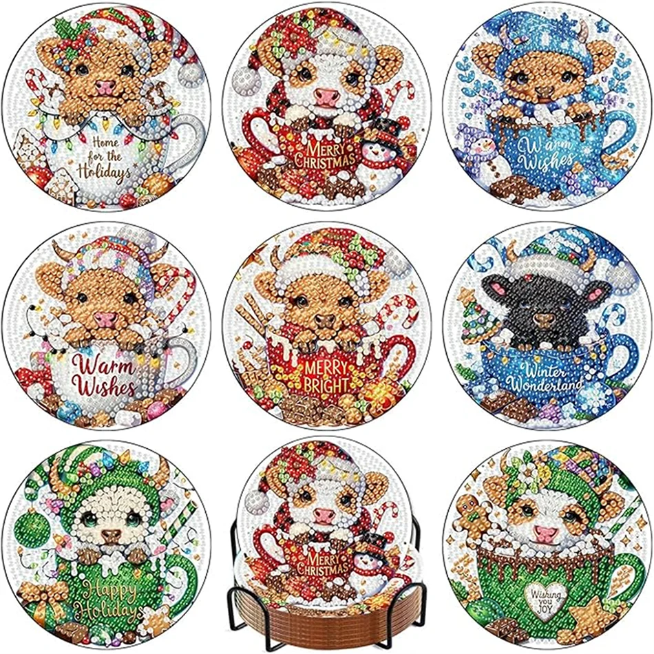 8 Pieces of Diamond Art Painting Coasters with Brackets, DIY Cat Patterned Diamond Art Coasters, Suitable for Both Adults and Be