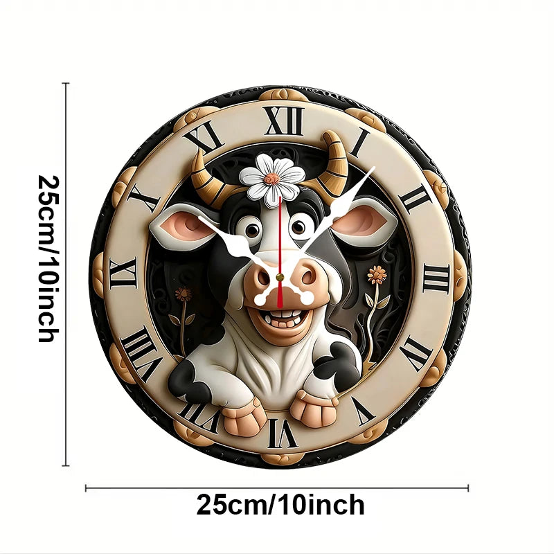 Cow Pattern Wooden Round Silent Hanging Wall Clock, Suitable For Living Room, Office, Study Room, Bedroom, Home Decoration