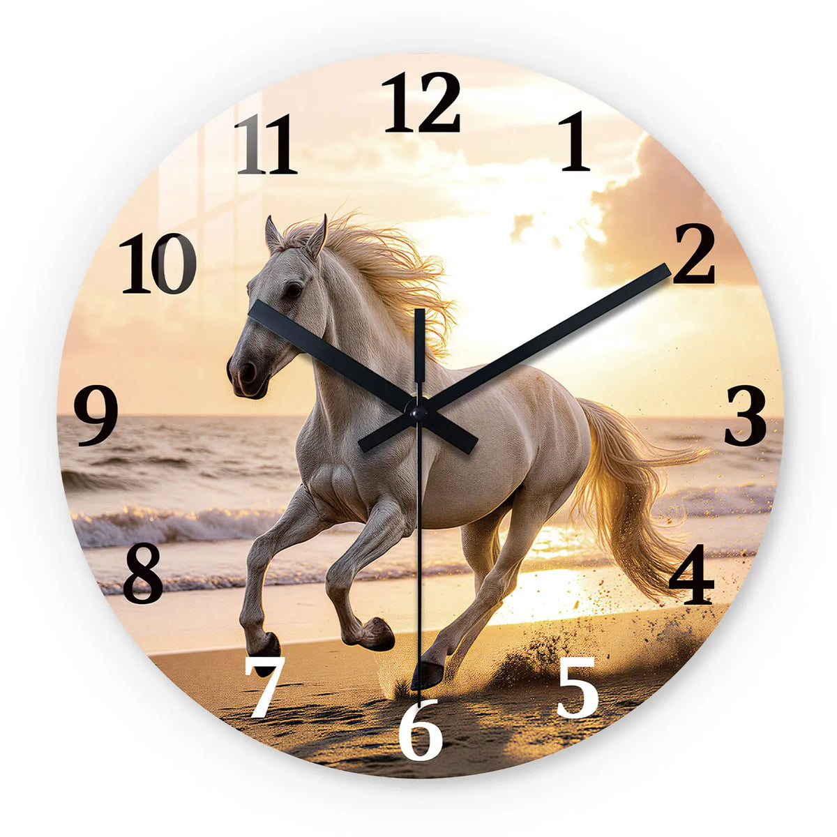 Wooden Wall Clock with Galloping Horse and Sunset Beach Pattern, 10-24inch Silent Wall Clocks, Aa Battery Powered, Suitable for Living Room, Bedroom, Office, (Batteries Not Included), Mother's Day, Easter, April Fool's Day