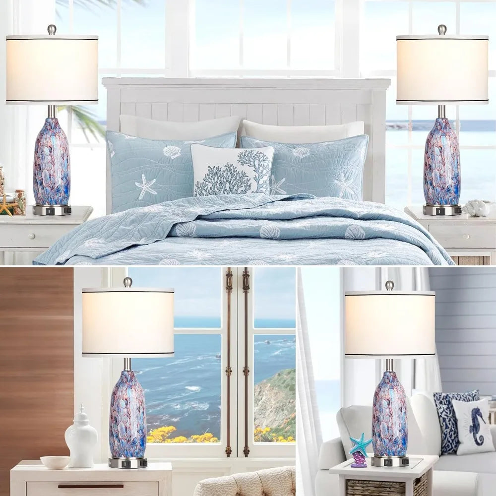 26" Coastal Glass Table Lamps Set of 2, Nautical USB A+C Ports, AC Outlet, 3-Way Dimmable Touch