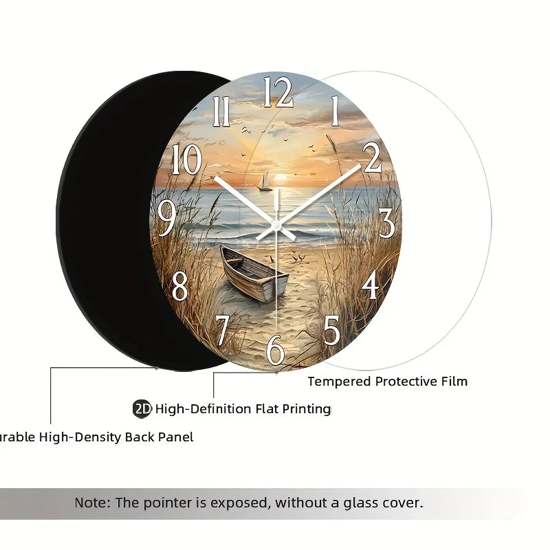[2D Flat Wall Clock] 1pc 2D Flat Wall Clock Non-Ticking Wooden, Circular Clock HD Glossy Lamination Finish Serene Coastal Sunset with Boat Design for Bedroom, Dining Room, Entryway, Lounge, Reading Corner 10" 12" 14" 16" (No