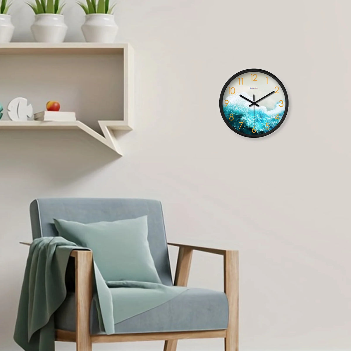 8inch Modern Fashion Seaside Beach Pattern Plastic Glass Wall Clock Living Room Bedroom Kitchen Home Decoration Wall Clock Silent Quartz Clock Holiday Gift (No Battery)