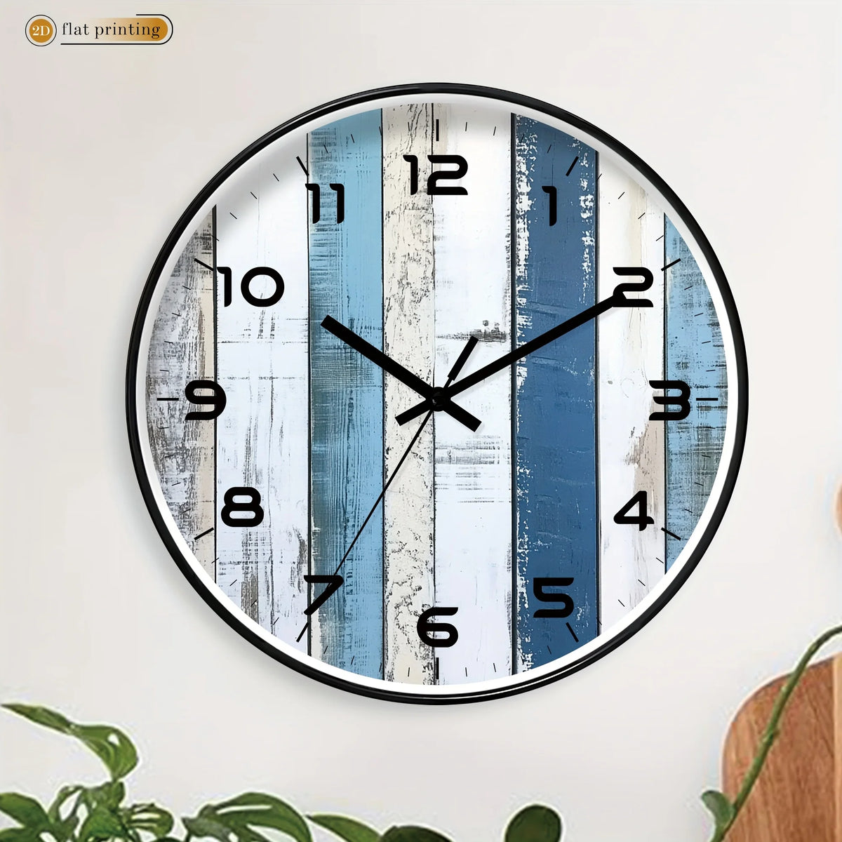 1pc Wall Clock / 2D Flat Printed Clock,  Blue and White Wood Grain Pattern Design / Suitable for Living Room, Bedroom, Seaside Style Decoration, Beach Style Home Decor / Ideal Birthday, Holiday, Summer Gift (AA Batteries Not