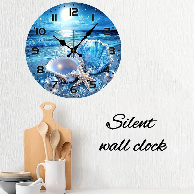 Shining Seaside Shells Wooden Round Silent Hanging Wall Clock,Suitable For Living Room,Office,Study Room,Bedroom,Home Decoration
