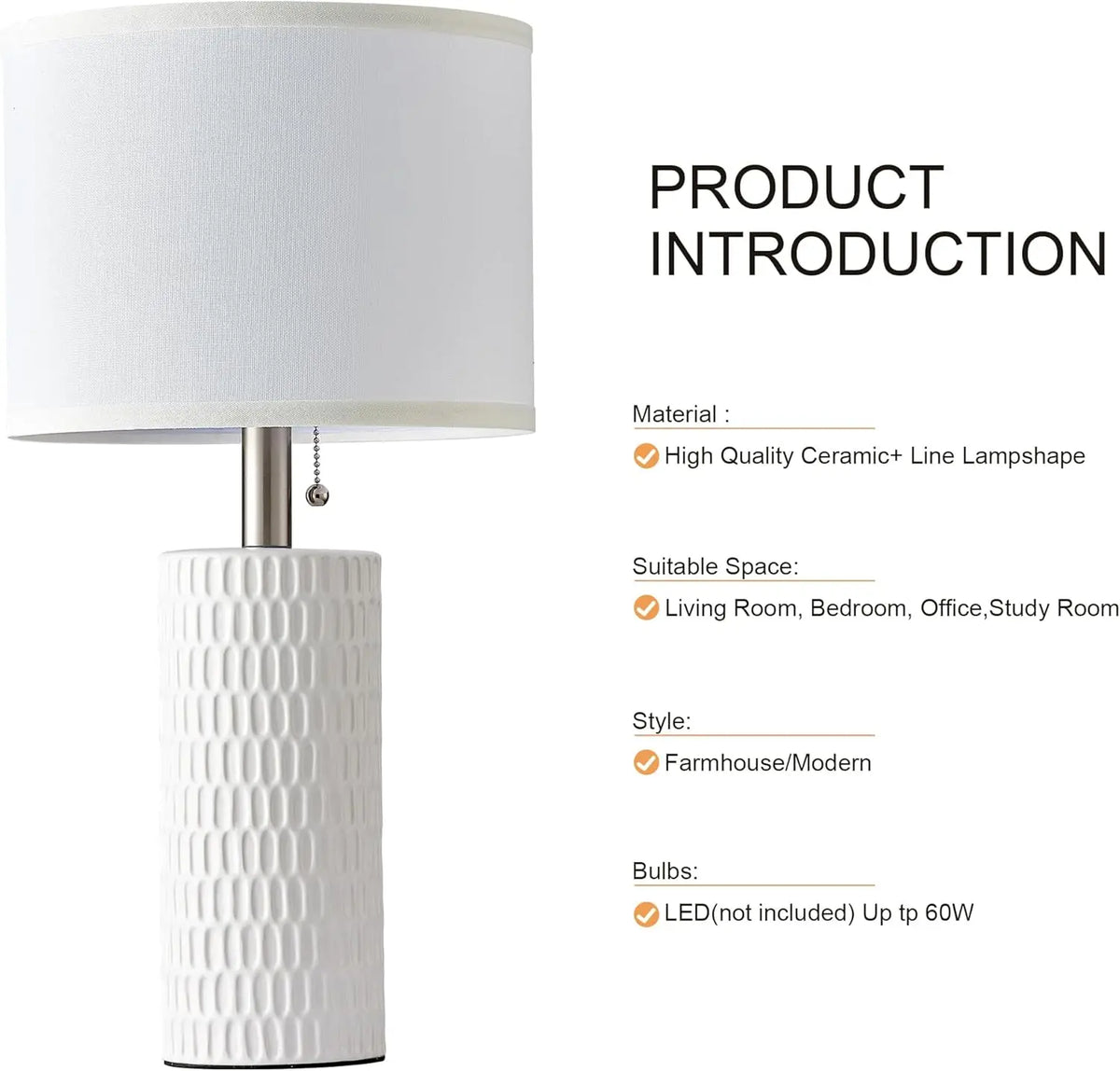 20" Ceramic Table Lamps Set of 2 for Bedroom, Modern Nightstand Lamps with Fabric Shade and Pull Chain for Living Room