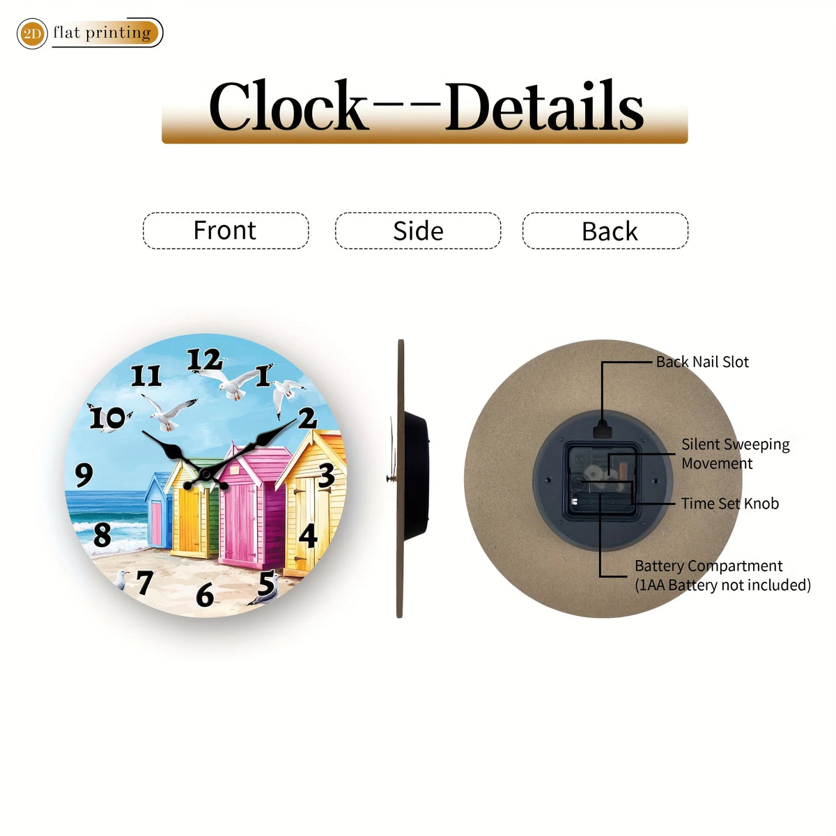 1pc Beach Huts with Seagulls, Wooden Home Wall Clock- 2D Flat Printed Silent Scan Clock, Christmas and Valentine's Day Decorations, Suitable for Restaurant and Kitchen Decoration, The Perfect Birthday and Housewarming Gift, 2