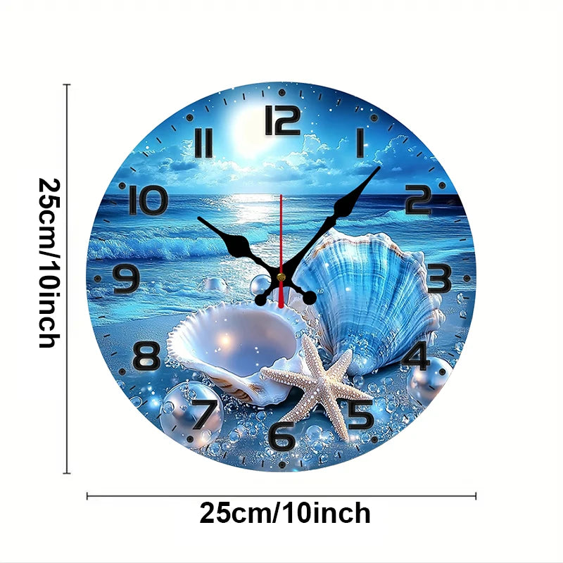 Shining Seaside Shells Wooden Round Silent Hanging Wall Clock,Suitable For Living Room,Office,Study Room,Bedroom,Home Decoration